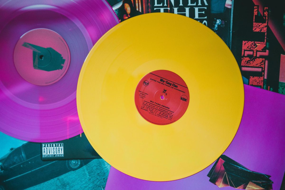 Multicolored vinyl disks on top of albums