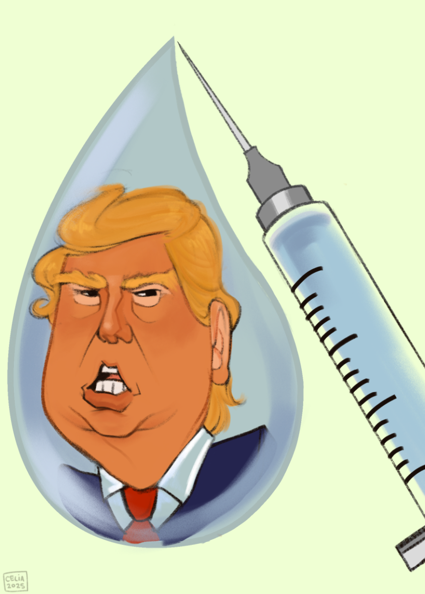 Illustration of Donald Trump in a droplet coming out of a syringe 