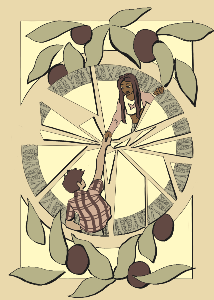 Illustration of two people reaching out to each other over a fractured circle surrounded by olive branches.