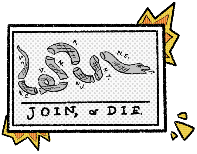 Illustration of the "Join or Die" political cartoon by Benjamin Franklin. Part of the election print issue.