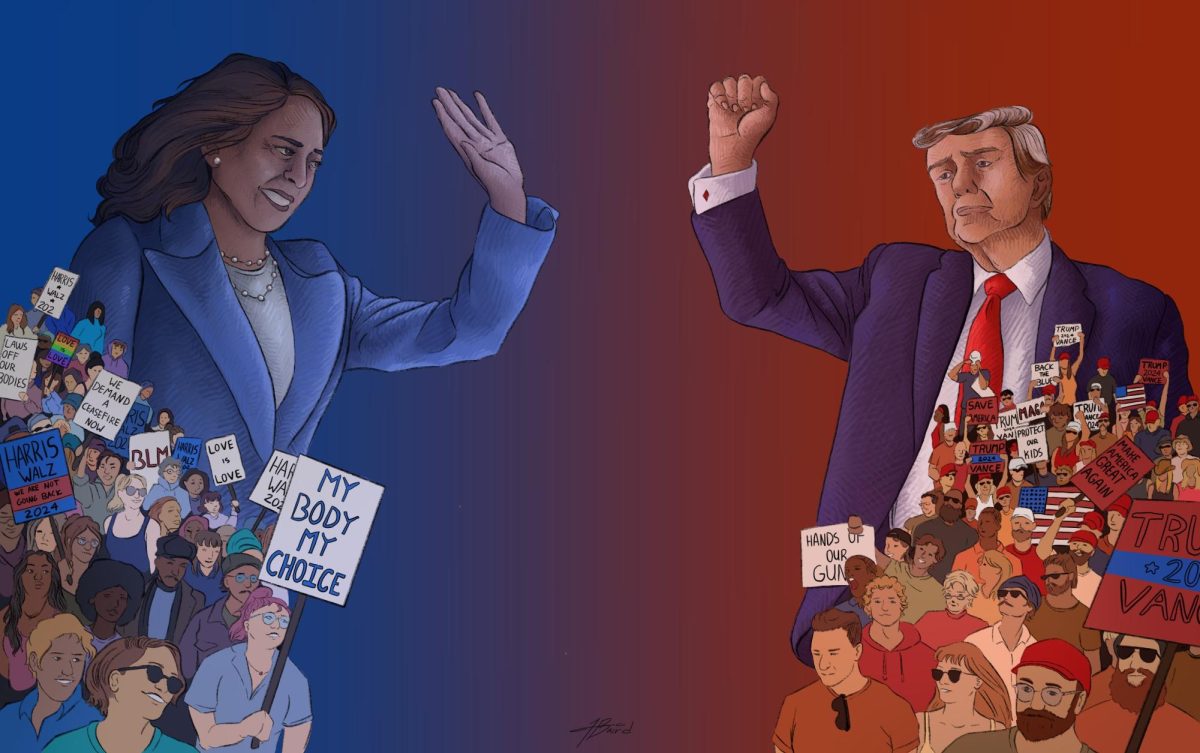 Illustration of Kamala Harris and Donald Trump on opposite sides surrounded by their followers who are carrying political signs.  || Part of the Election Print Issue!