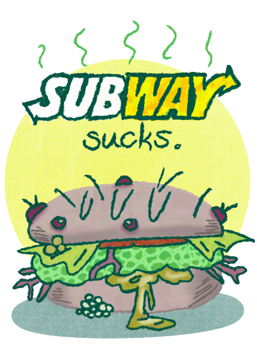 Illustration of a molded subway sandwich, filled with unidentifiable green goop.