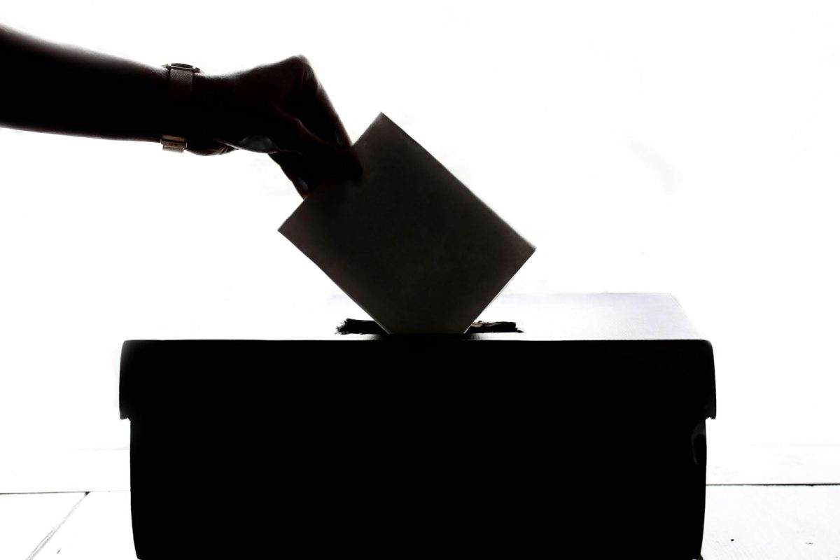 Silhouette of a person placing a ballot in a ballot box.
