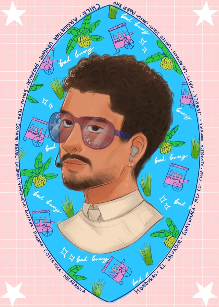 [Illustration] Bad Bunny in football shaped cutout, with list of countries across the Americas running along the edges.