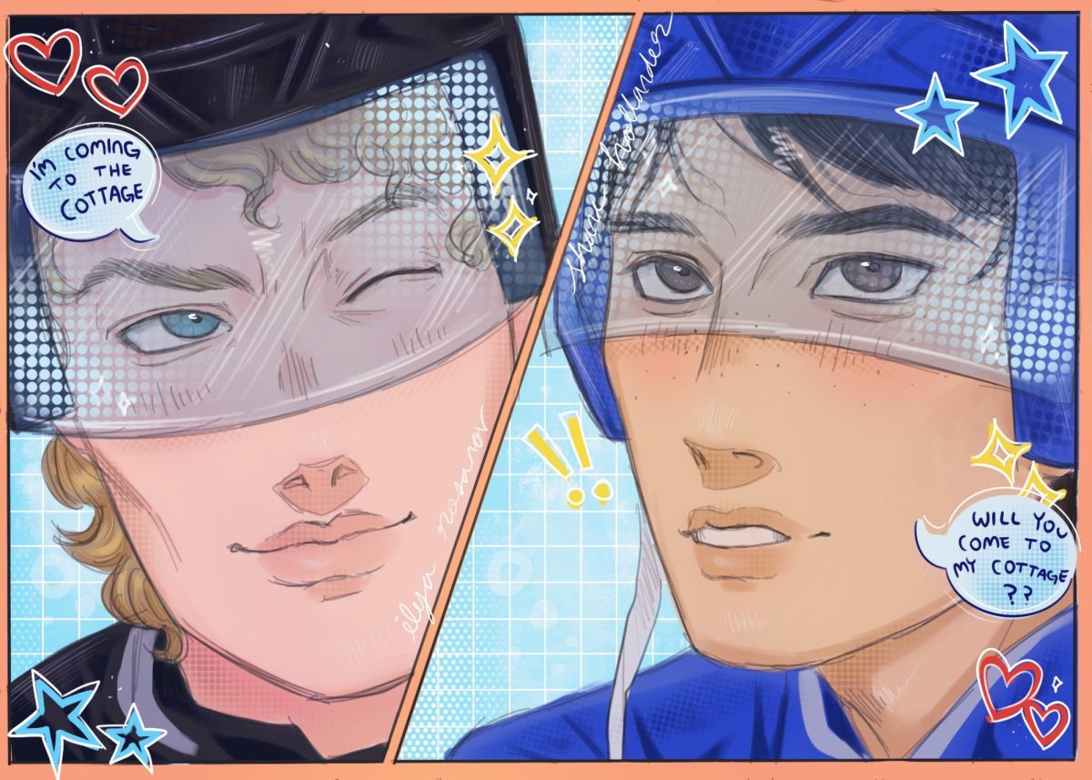 [Illustration] Shane Hollander and Ilya Rosanov in two paneled image.