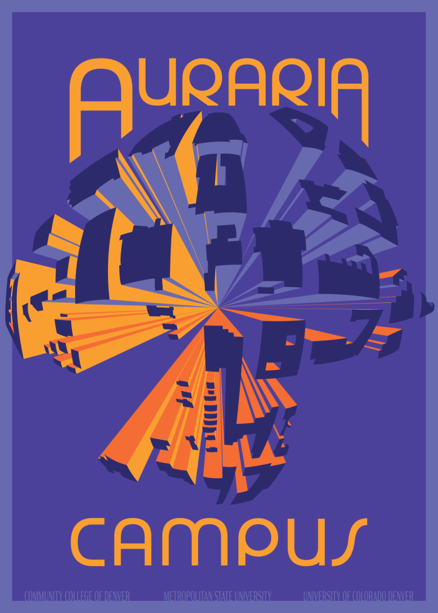 [Illustration] City skyline from bird's eye view with "AURARIA CAMPUS."