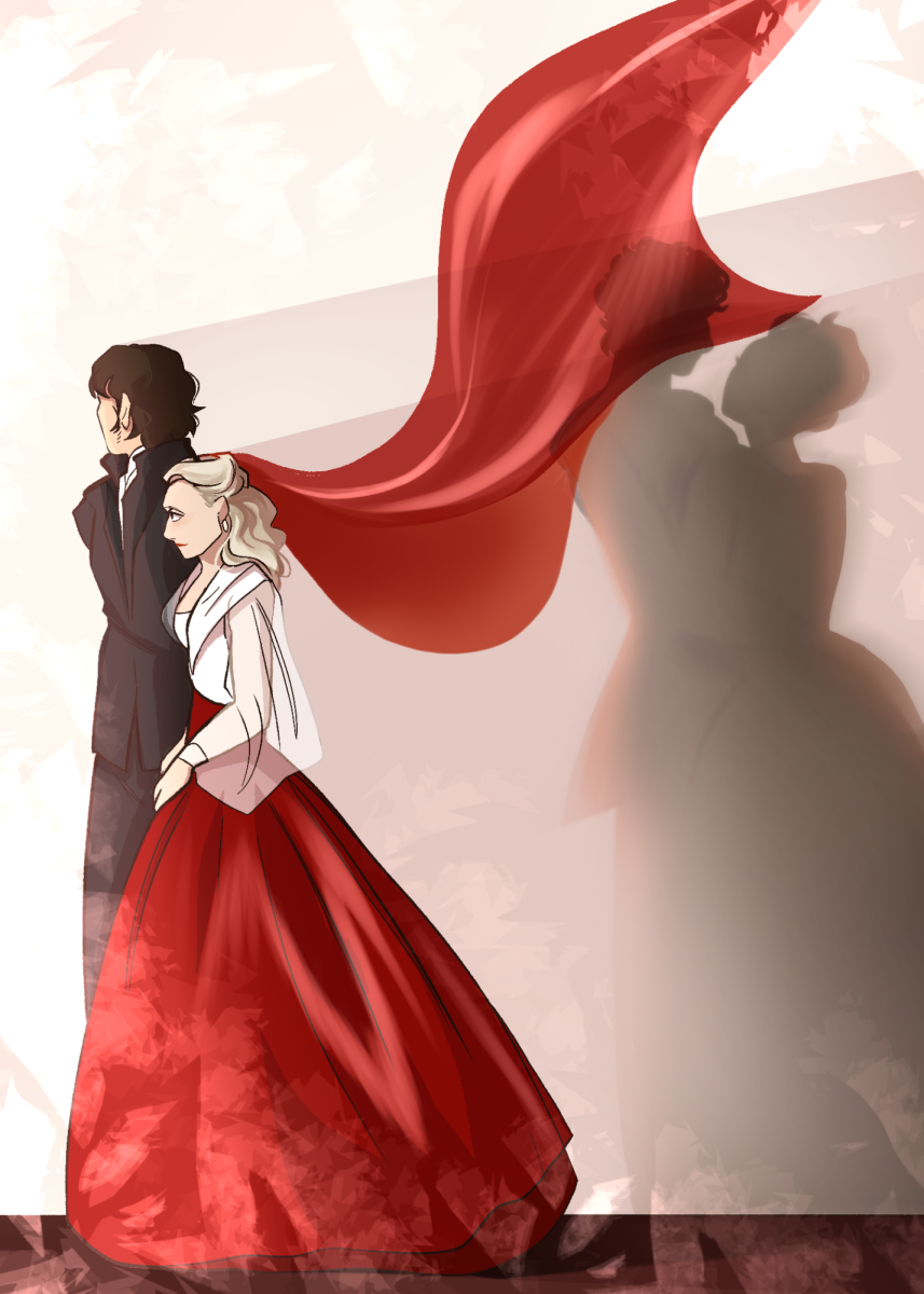 [Illustration] Catherine and Heathcliff walking together with shadows of their book counterparts in the background.