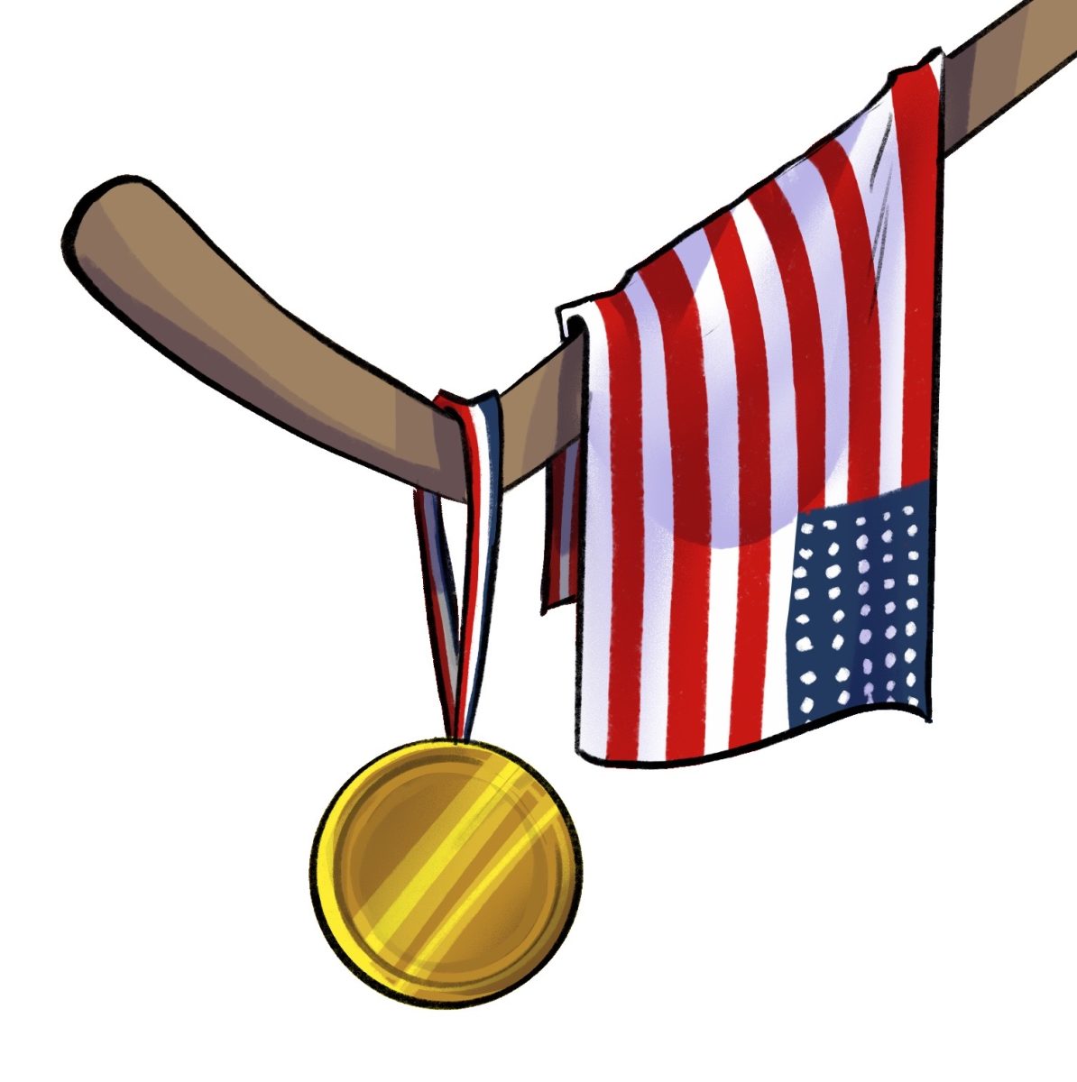 [Illustration] US Flag and Gold Medal hanging on a hockey stick.