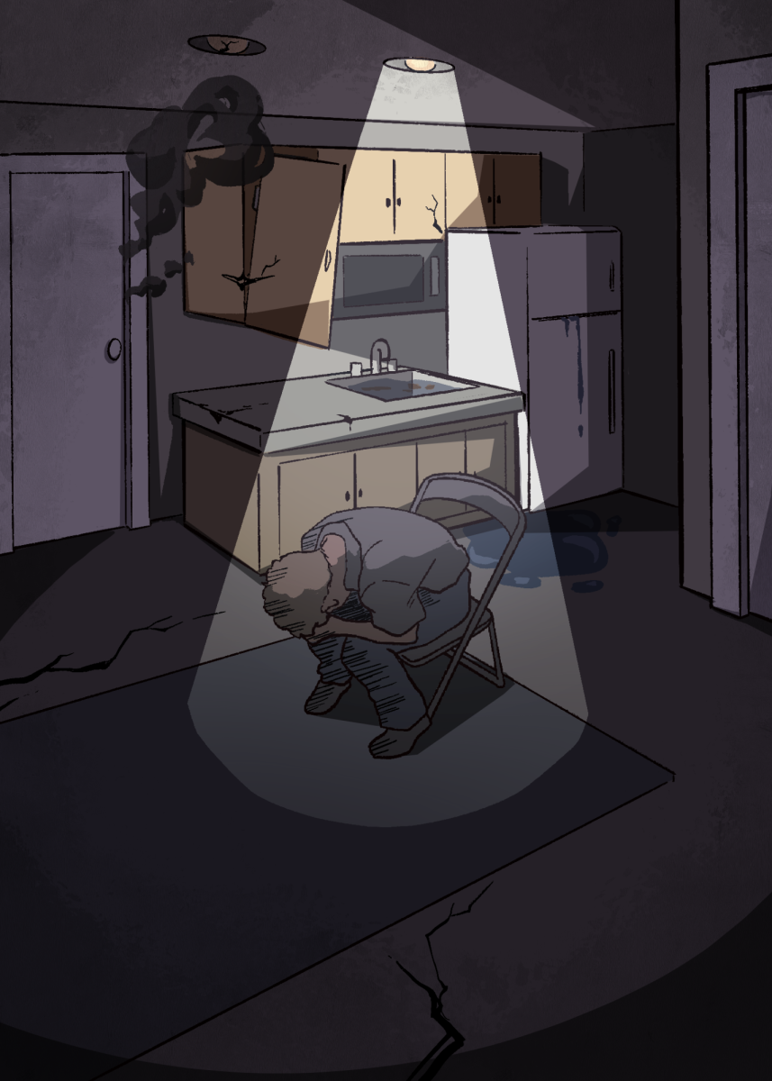[ILLUSTRATION] Spotlight shines on person hunched over in a chair 